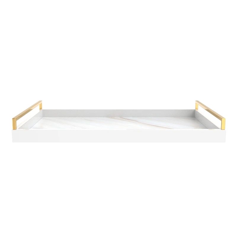 Elegant Fashion Classic Modern Style Rectangular White Marble Lacquer Home Decoration Wooden Tray  With High-end Metal Handle