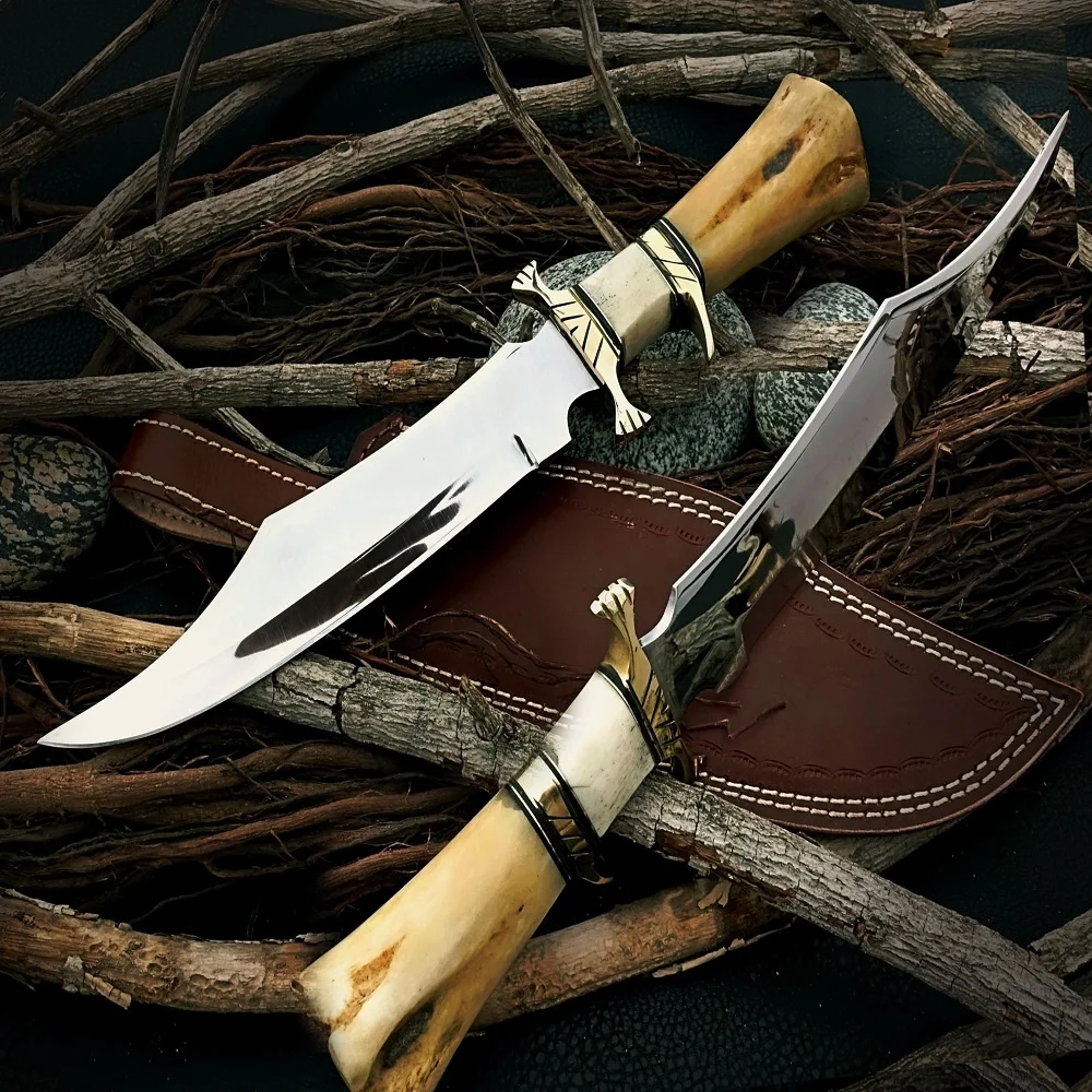 Красивый зеркальный полированный нож из нержавеющей стали с фиксированным лезвием, охотничий Боуи, ремесленный нож для кемпинга с ручкой в виде Верблюжьей Кости (UK-025)