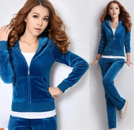 Velour Shiny Sexy Suit Fitness Ladies Women Sport Wear Tracksuit Set