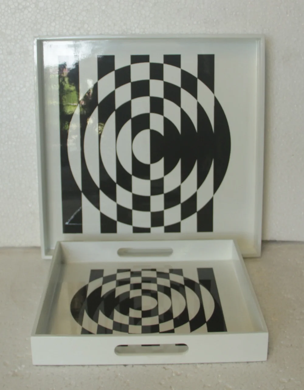 Europe Handicraft Nautical Set of 2 Square Lacquer Trays with Handles in White & Silver Finishing