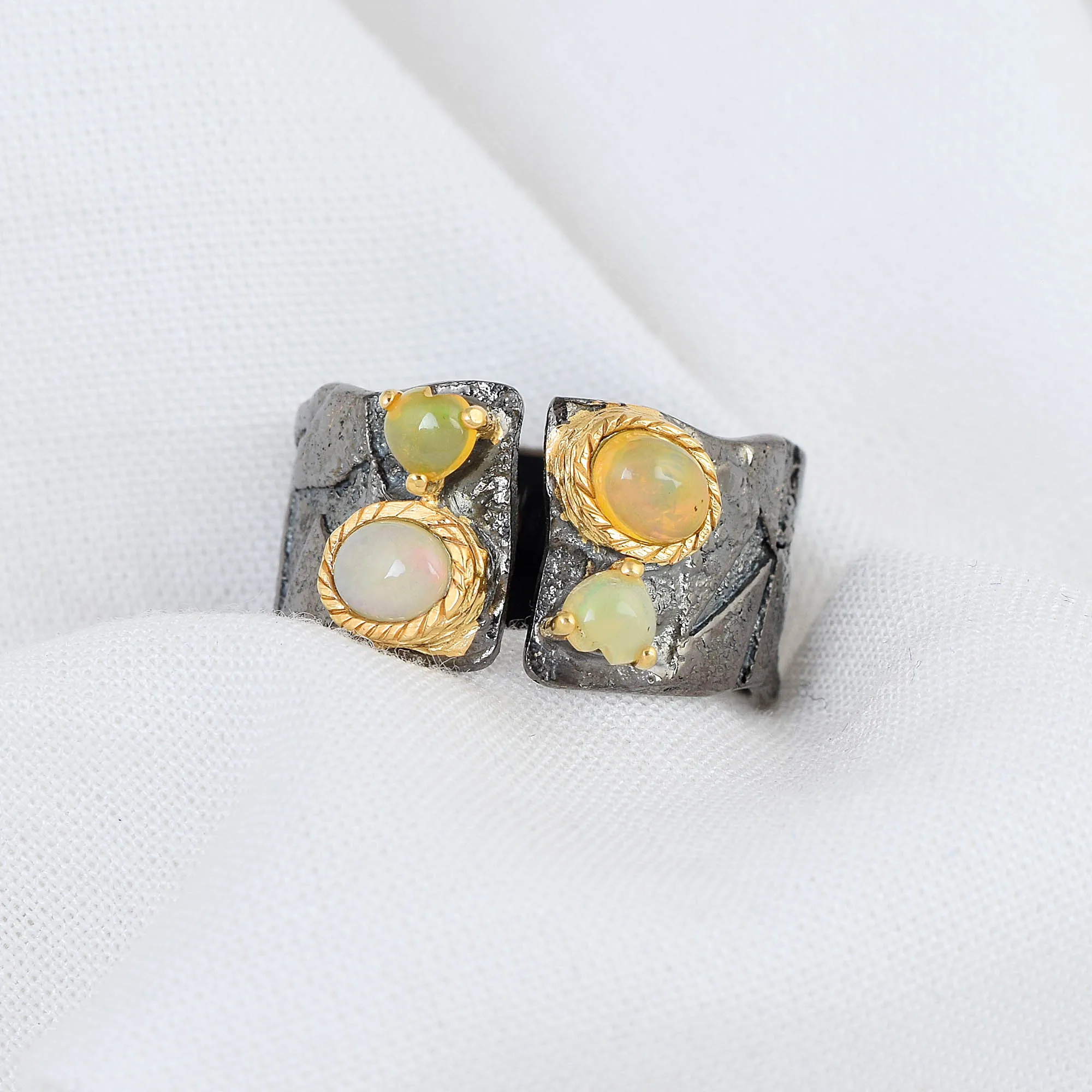 Ethiopian Opal Gemstone Yellow Gold Plated Ring Handmade 925 Sterling Silver Black Rhodium Wholesale Fine Jewelry For Women