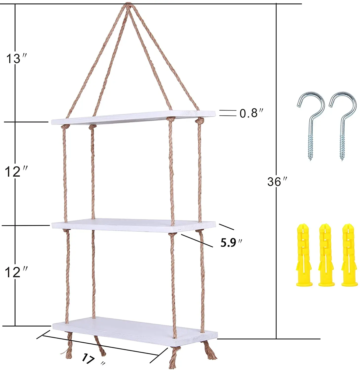 Rustic Rope Hanging Shelves for Wall Wood Window Plant Shelf Indoor 3 Tier Rustic White