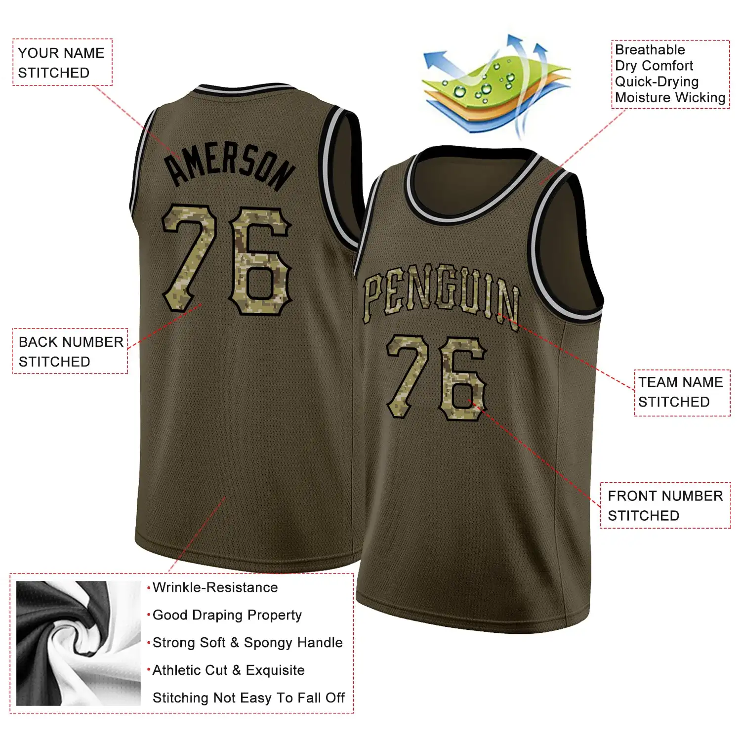 Singlet basketball Company that makes basketball Jersey Custom Olive Camo-Black Round Neck Rib-Knit Salute To Service Basketball