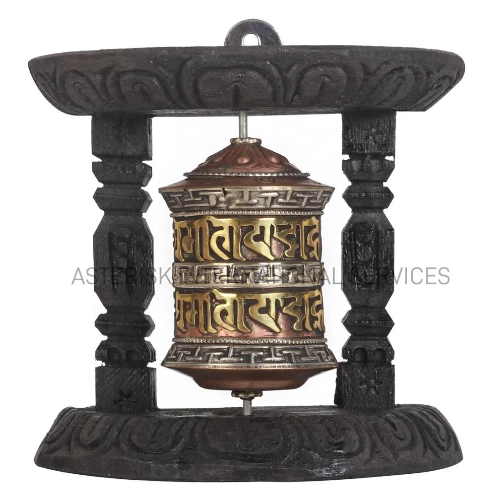 Ranjana Script Om Mani Padme Hum - Buddhist Meditation Mantra Carved Prayer Wheel in Wooden Frame - Made in Nepal