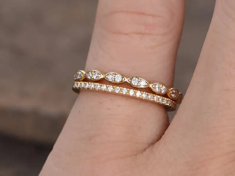 925 Sterling Silver CZ wedding band Diamond eternity stacking rings 2PCS Matching Half Yellow gold Plated