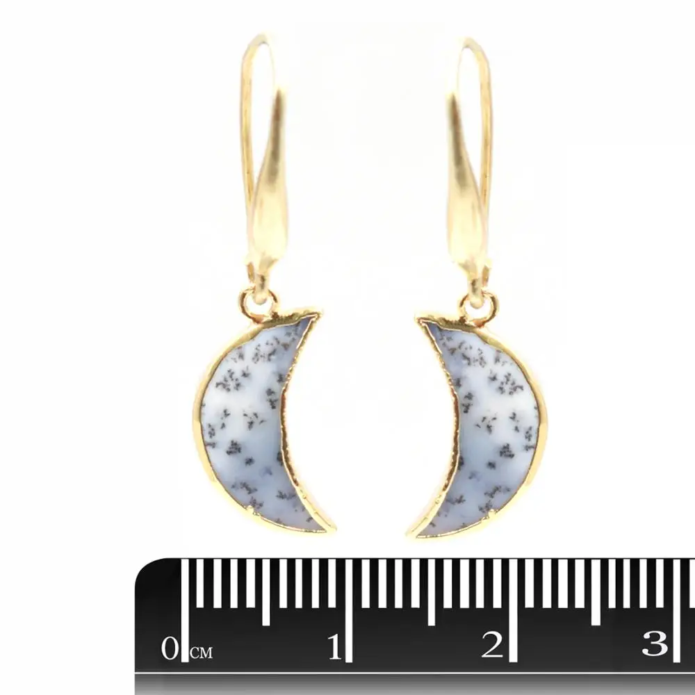Dendritic Opal 32 To 33 MM With Sterling Silver Ear Wire Moon Shape Gold Electroplated Earring