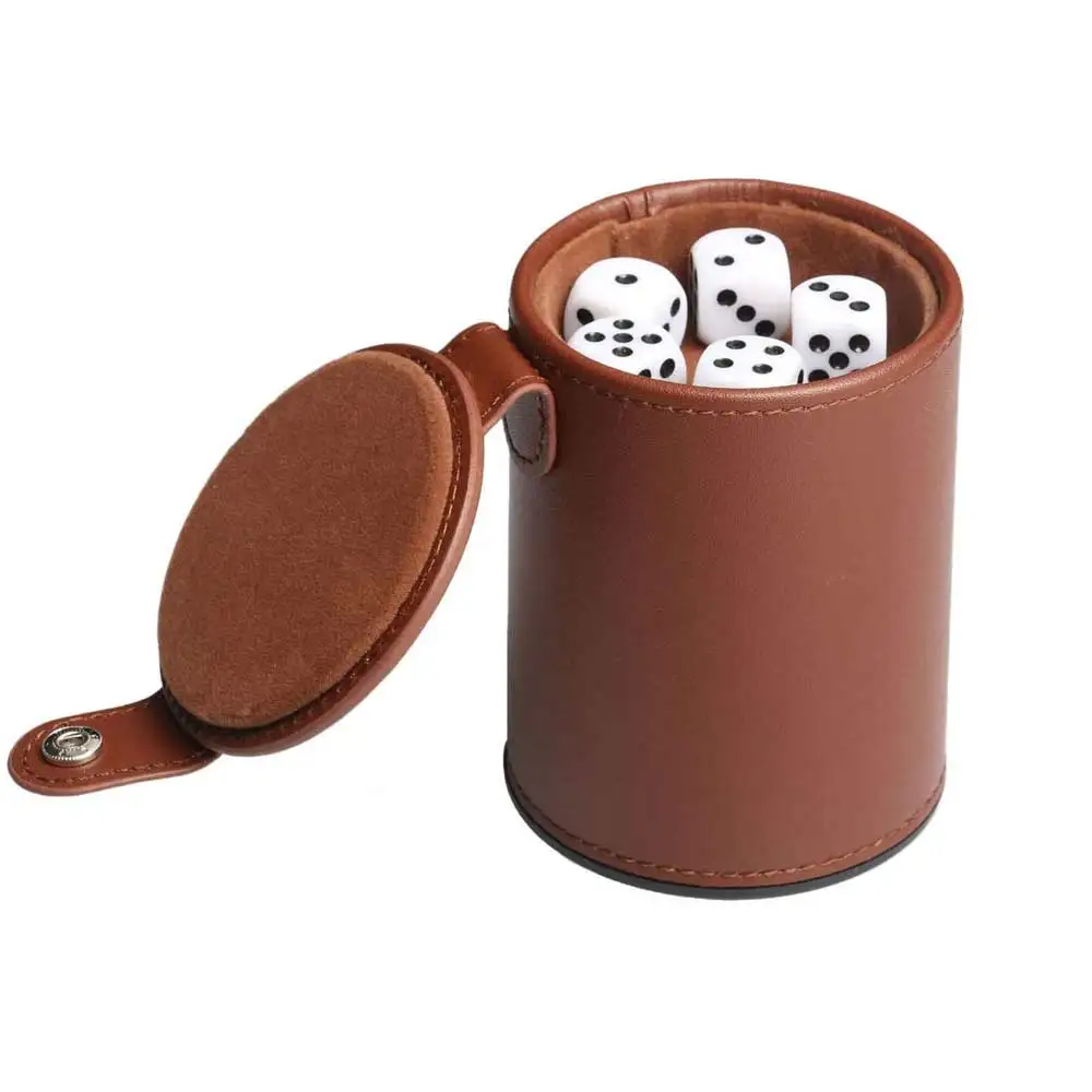 Wholesale Real leather Dice Cup Set with Storage Compartment Felt Lined Shaker Includes 5 Dot Dices