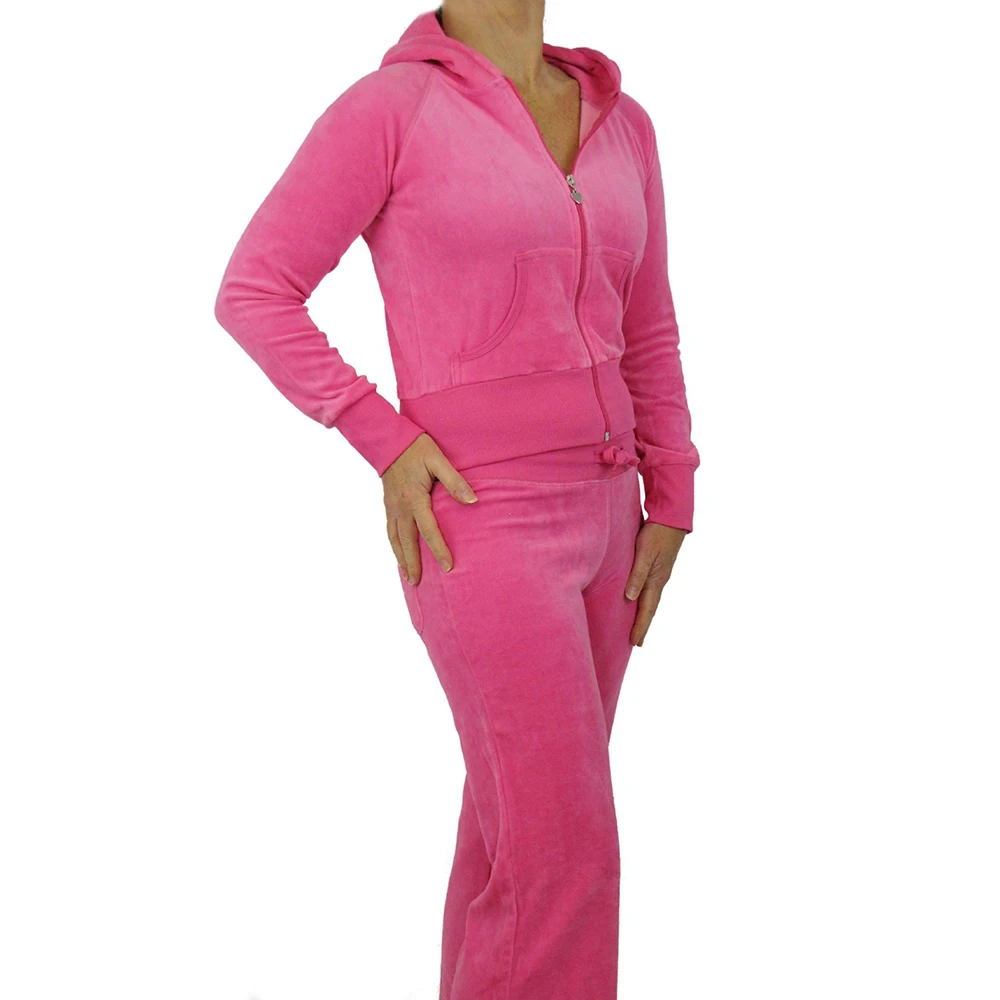 Baby Pink Velour Women Suits With Golden Zipper And Hoodie with Fur