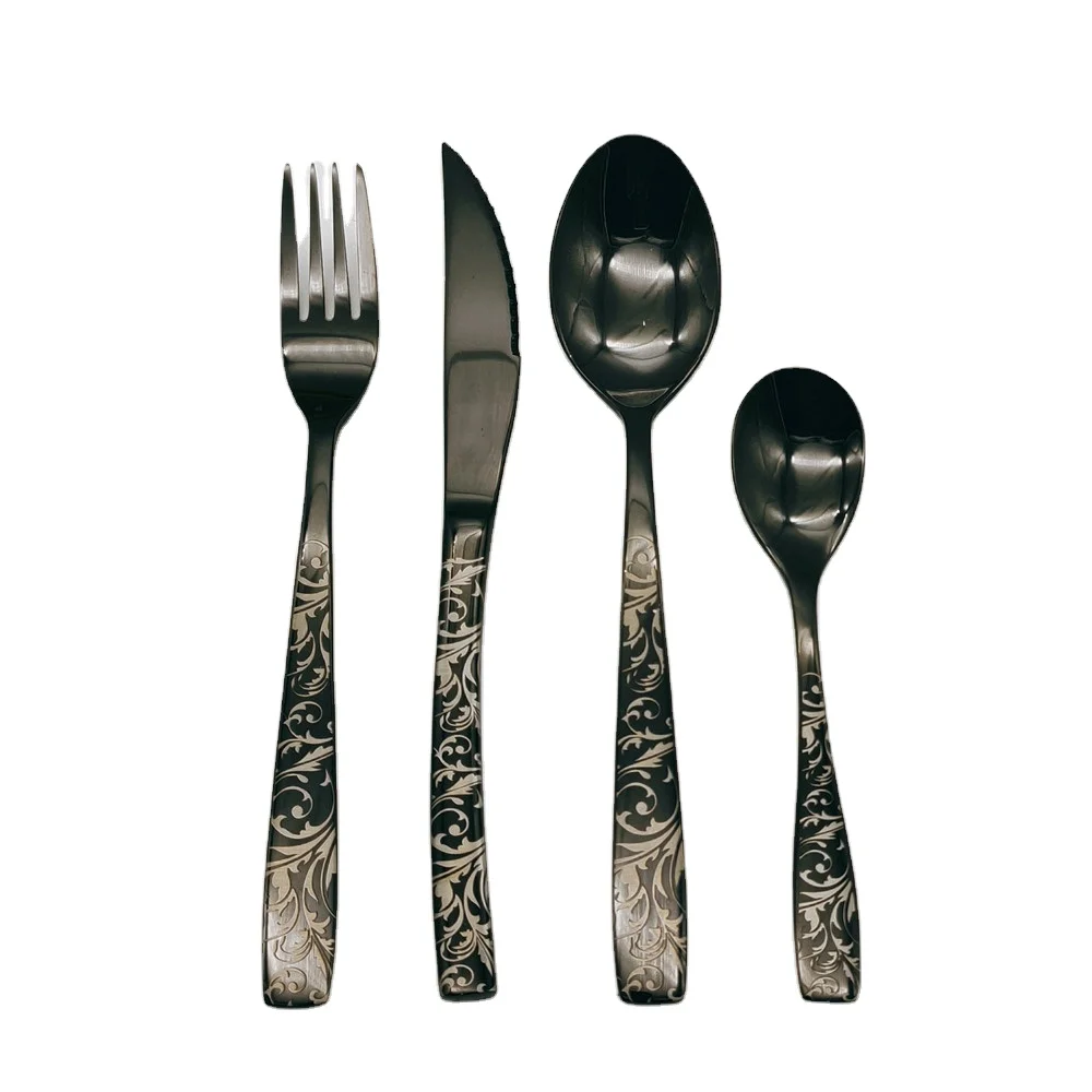 New Laser Design Stainless Steel Silverware Set Black Handle Cutlery