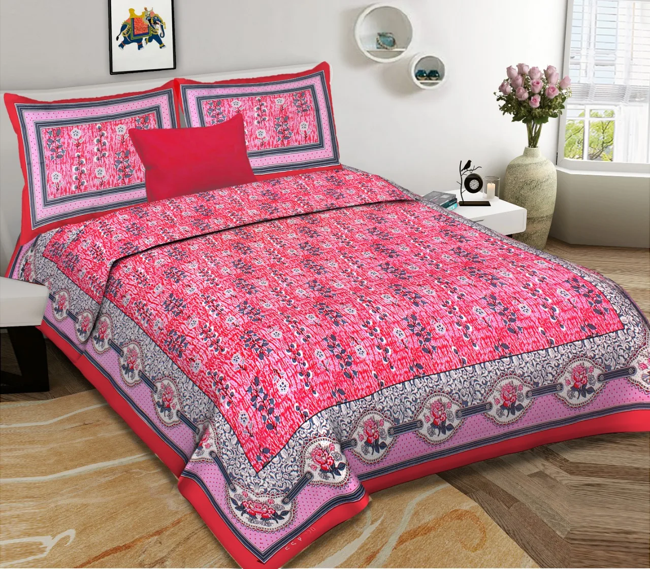 Indian Handmade 100% Cotton Rajasthani Bedsheet Double Bed Set 1 Double Bedsheet with 2 Pillow Cover