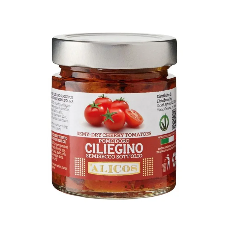 Made in Italy ready to eat salty food 190g jar glass in e.v.o. semi dry red cherry tomatoes for sale