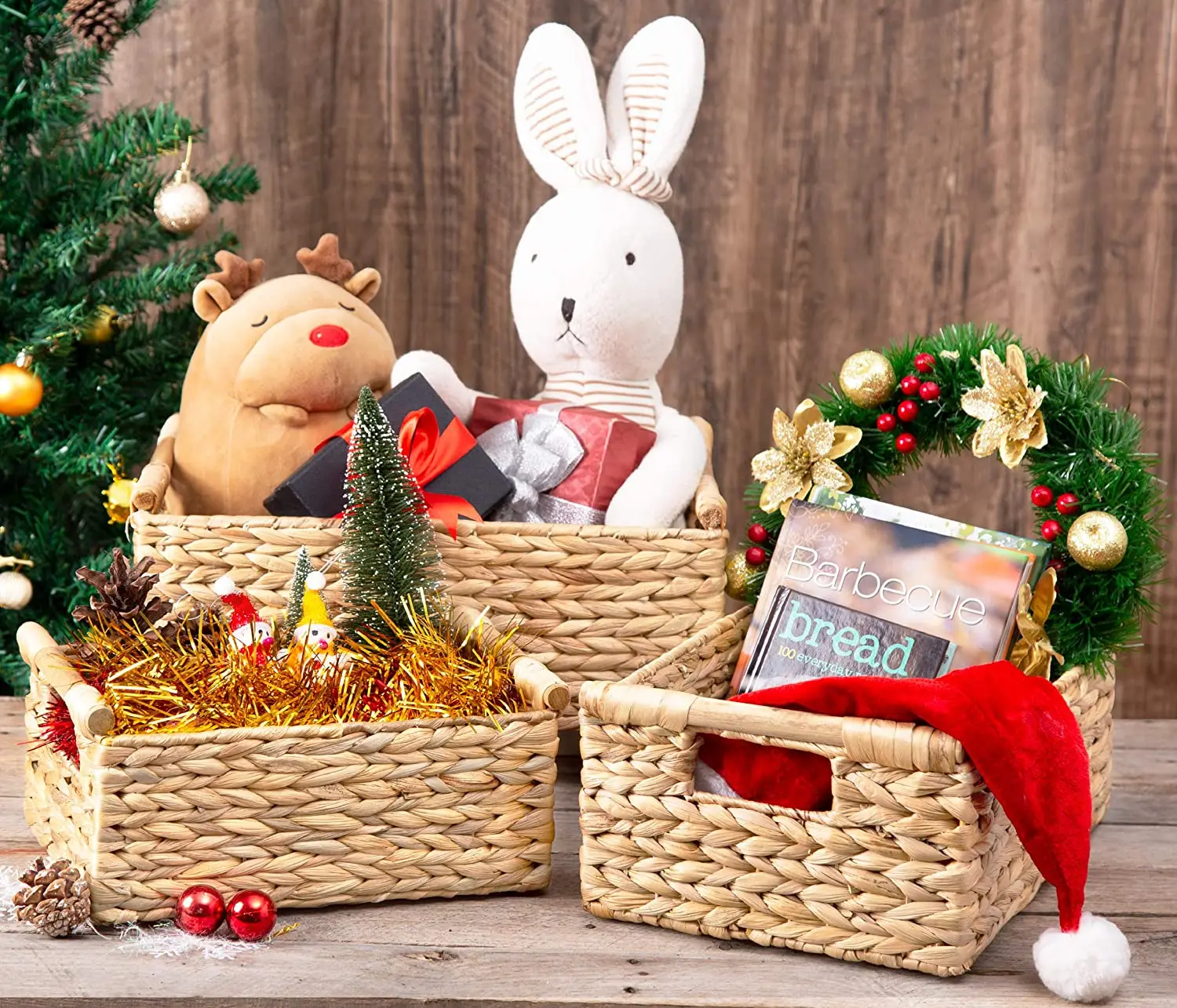 Vietnam Wicker Baskets for Storage Organizing Water Hyacinth Storage Baskets Rectangular with Wooden Handles