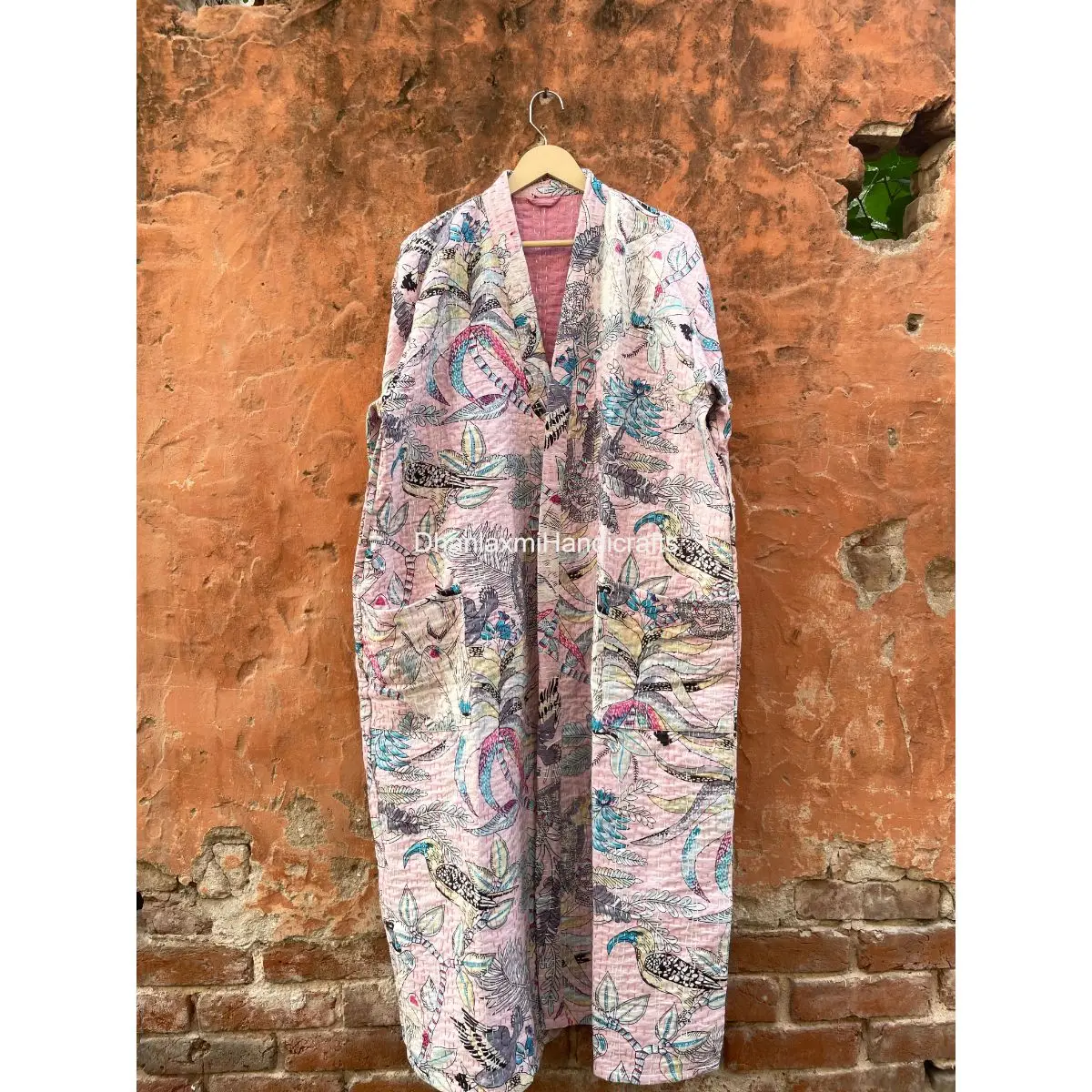 Pink Handmade Maxi Gown Dress Monkey Print Kimono Style Kantha Quilted Sleepwear Wholesale Indian Cotton Women Bath Robes