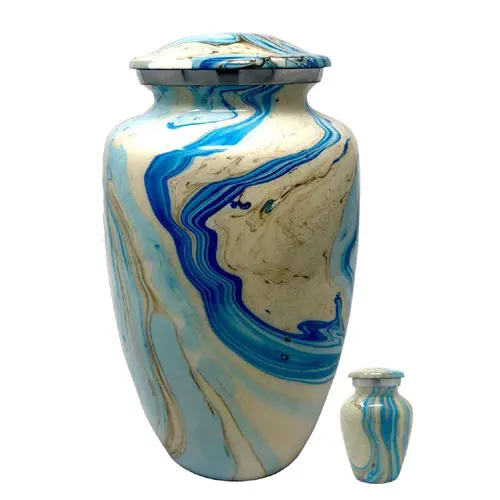 Antique Blue White Ocean Metal Urn for Ashes, Adult Cremation Urn American/European Style