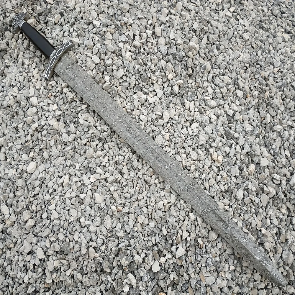 
DAMASCUS STEEL TWISTED PATTERN HUNTING SWORD WITH ETCHED CLIP AND MICARTA HANDLE (POMMEL ALSO ETCHED) 