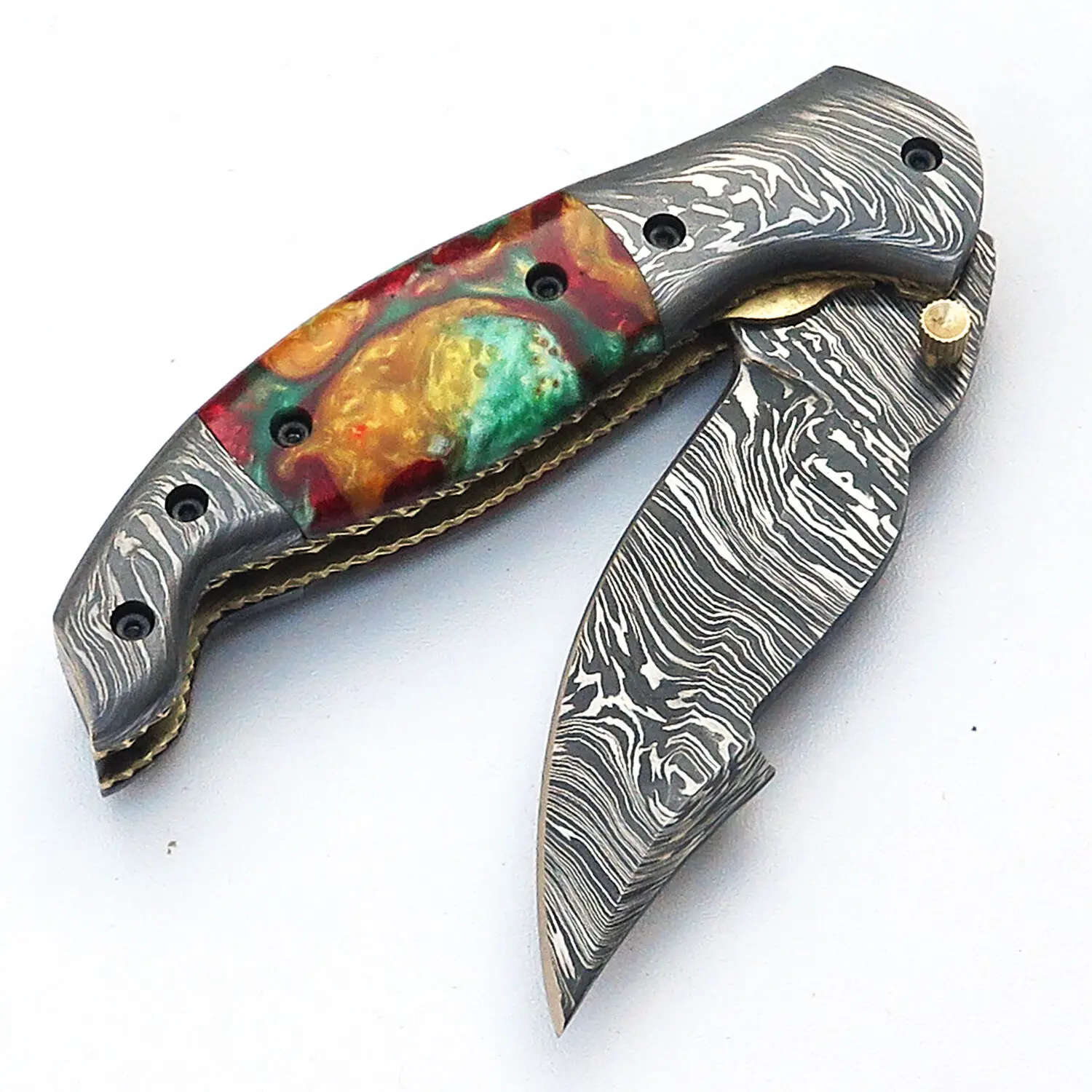 UNIQUE HANDMADE DAMASCUS STEEL FOLDING KNIFE LINER LOCK / HANDEL GEM STONE