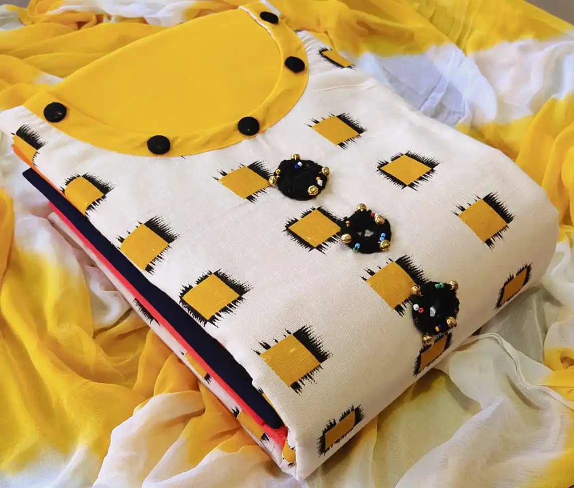 Indian designer fashionable cotton silk embroidered hand work latest collection bridal wear semi stitched yellow color lawn suit