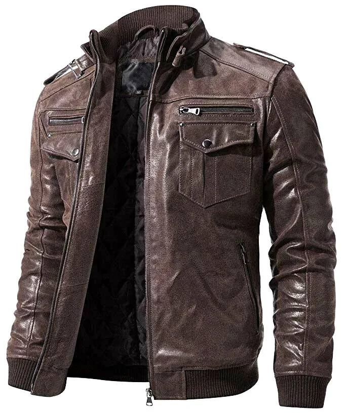 Men Distressed Biker Vintage Motorcycle Cafe Racer Retro Moto Leather Jacket Real Genuine Leather Racing Motorbike Casual Jacket