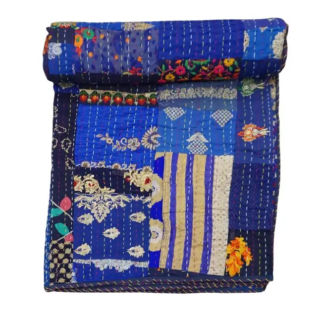 Хлопковое одеяло цвета индиго в стиле пэчворк Kantha покрывало для кровати ручной работы постельное белье Королевский размер