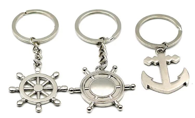 Zinc alloy metal Ship Steering Wheel keyholder boat Anchor rudder keychain helm Sailing Tourism gifts keyring