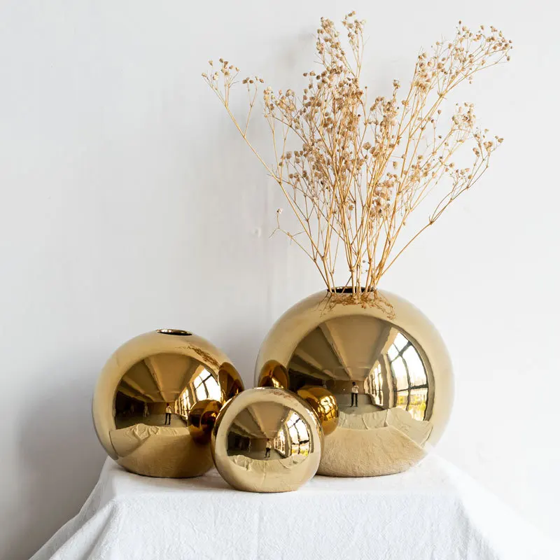 Wholesale Custom Mirror Sphere Electroplated Golden Round Bud Ball Luxury European Style Gold Nordic Modern Ceramic Vase