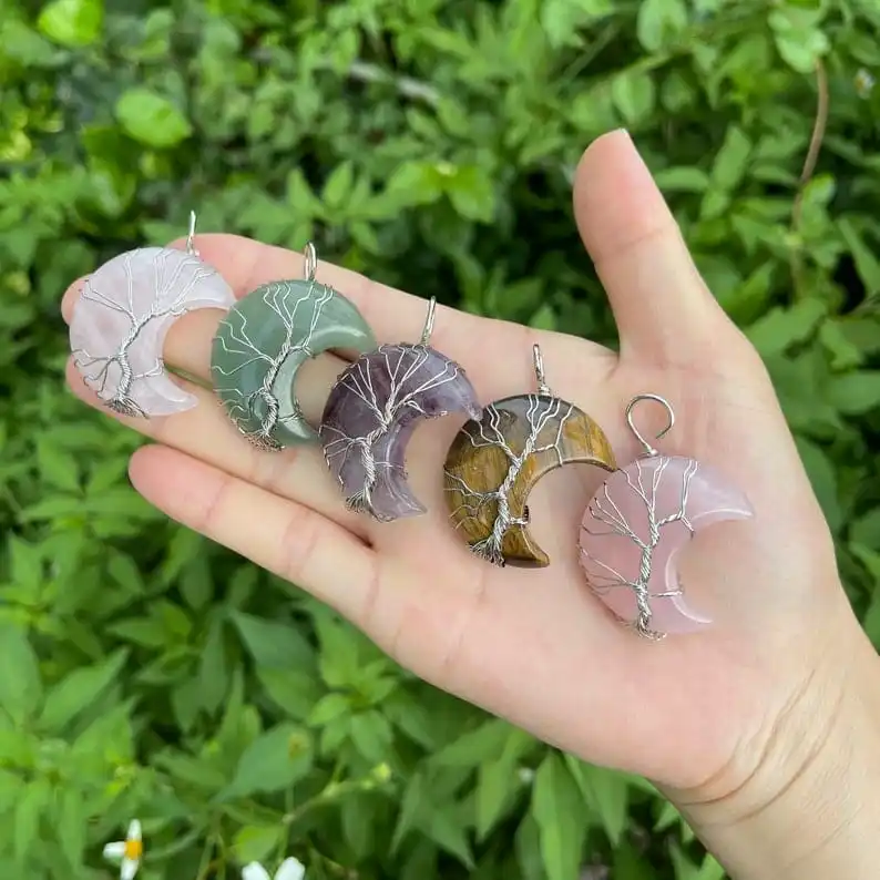 Trending Tree Of Life Crescent Moon Pendant /Gemstone Moon Crescent Wire Wrapped Pendant/6 Kinds of Healing Stone Crystal Gift