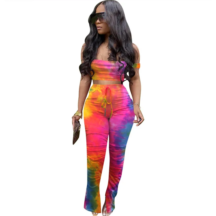 2021 Women Summer Stacked 2 Piece Set Women Stacked Slit Pants Joggers Womens Tie Dye Stacked Leggings Two Piece Outfits