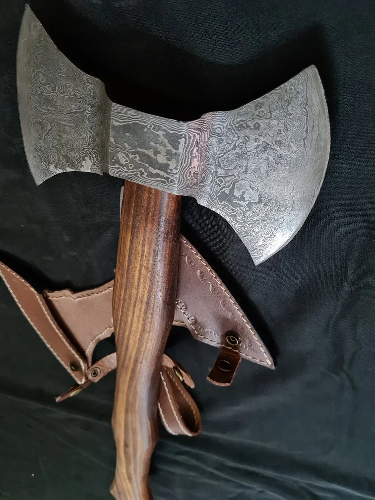 custom handmade Damascus steel double edge blade Axe with leather cover