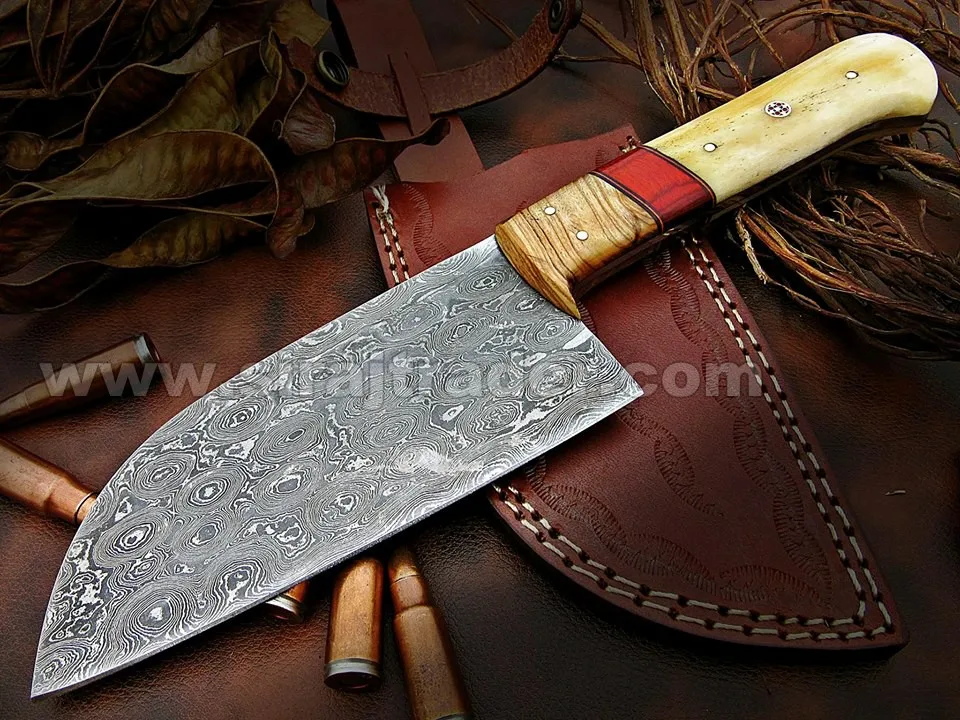 Handmade Damascus Steel Butcher Knife Handle Material Camel Bone and Wood