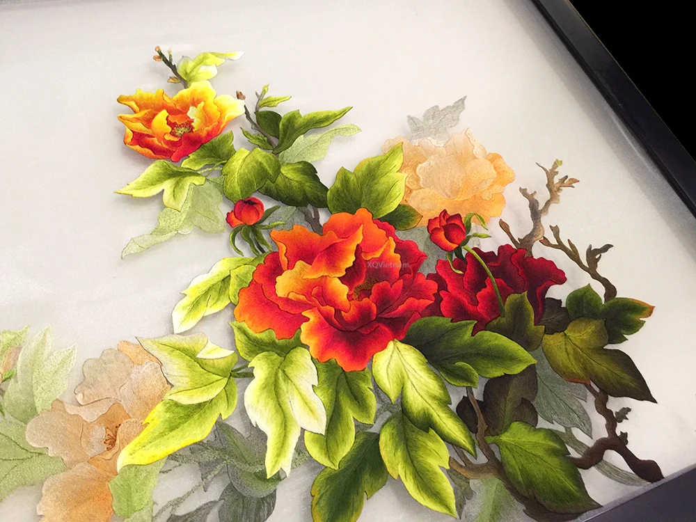 
Wholesale Vietnam Manufactuers The Peony Flower Paintings Two Sides Hand Embroidery Artworks 