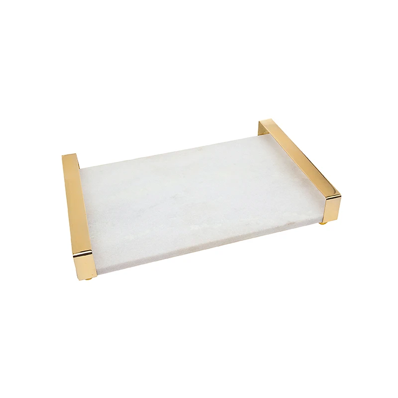 Luxury Rectangle Marble Serving Tray with gold metal handles Table Food Serving Tray for Hotels
