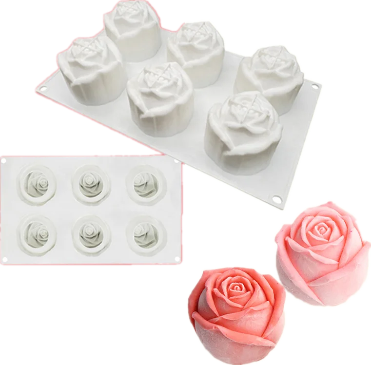 2 in 1 Valentine 6 Cavities rose Flower Silicone Cake Mold Non-stick Round Baking Mold for Soap, Chocolate, Cupcake, Pie