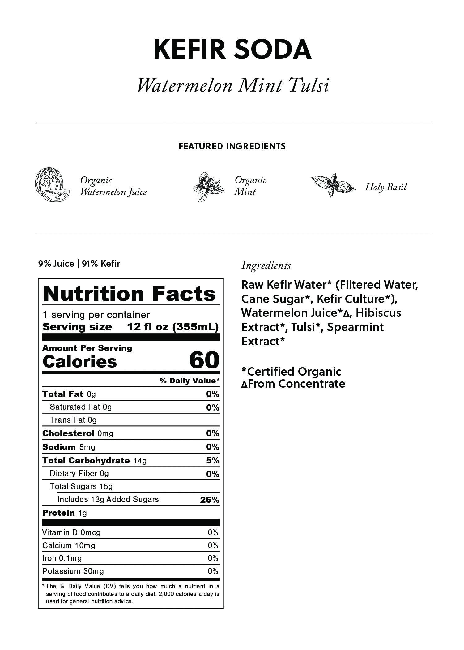 Buchi Kefir 6/12oz Watermelon Mint Tulsi Organic Kefir Soda Non Dairy Probiotic Tonic Premium Quality