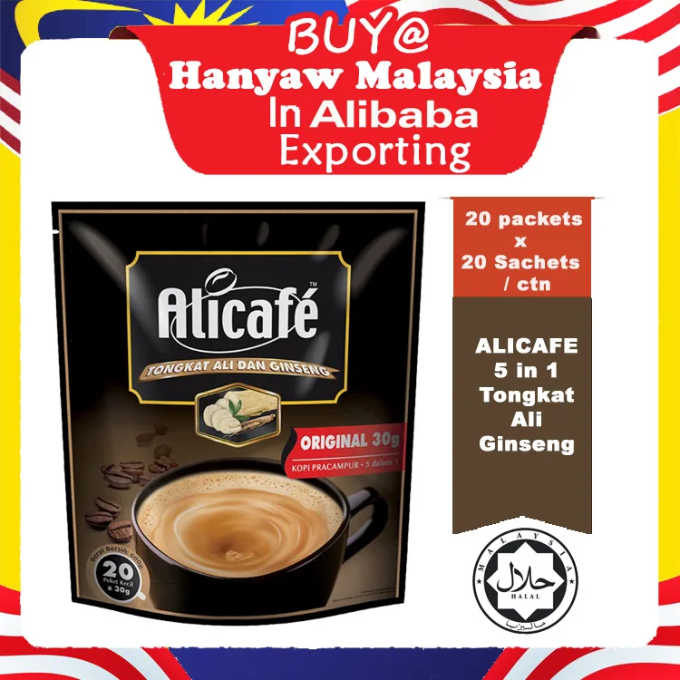 [Малайзия] Быстрая доставка + Halal Сертифицированный ALICAFE 5 в 1 Tongkat Ali & женьшень оригинал (20 мешков x 20 г x 20 саше/картонная коробка)