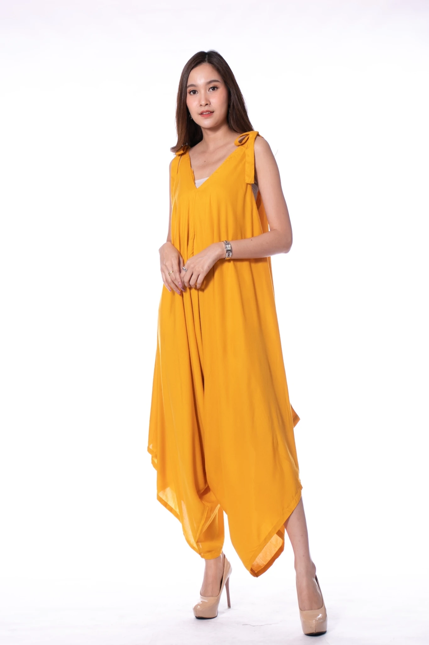 Wholesale Casual Boho Dresses Women for Summer and Spring Yellow Color Dress Wide Open Legs Pants from Thailand