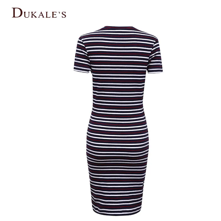 Bodycon Midi Dress Women Ladies T Shirt Short Sleeve O-Neck Navy White Striped Bodycon Ribbed Cotton Jersey Midi Dress