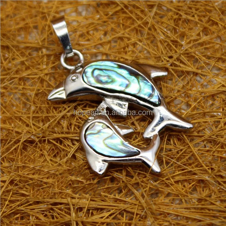 MOP05 Cute Design for Children Jewelry Paua Abalone Shell Double Dolphin Pendant
