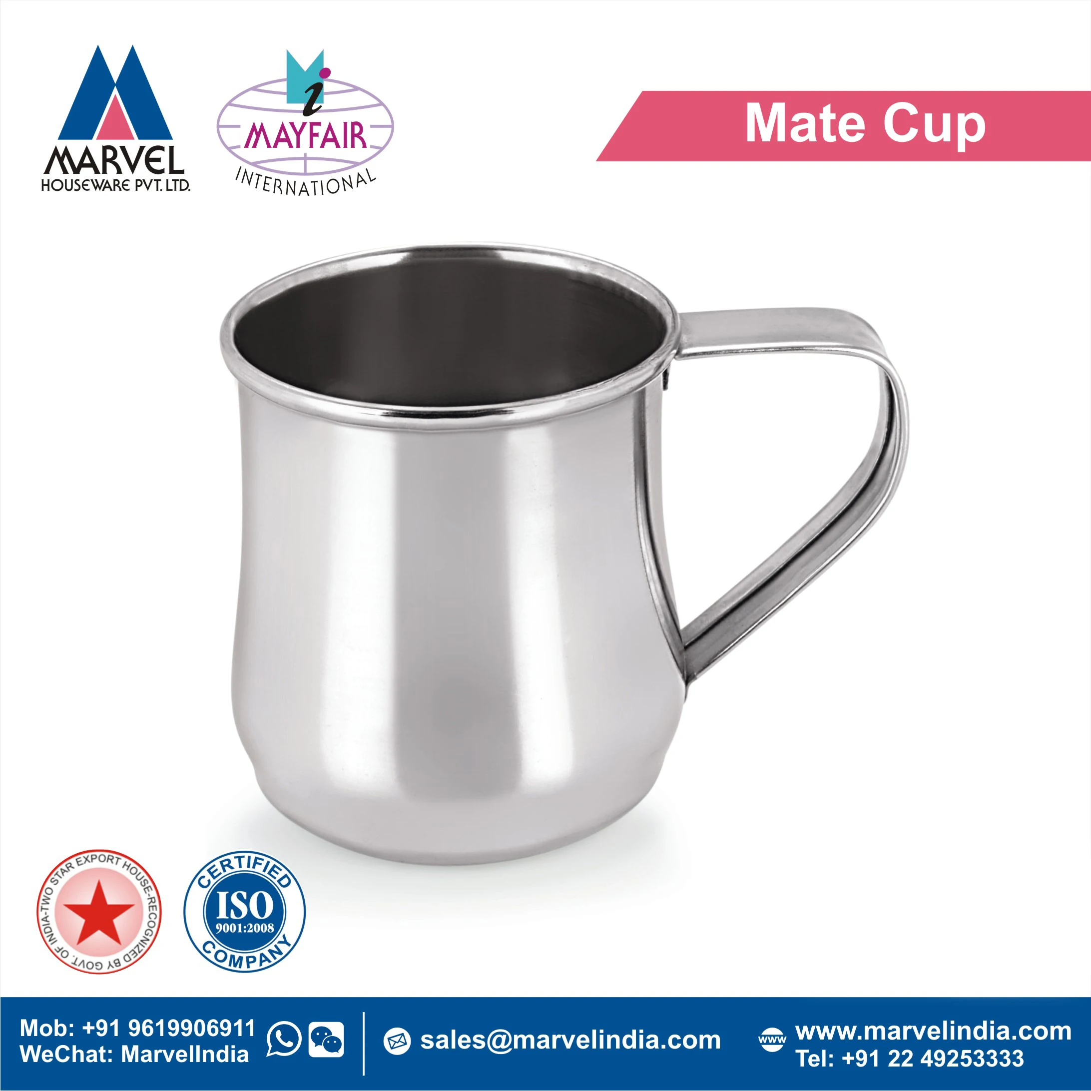 Single Wall Drinkware Reusable Round Shape Travel Thai Mug With Strip Handle Made In India