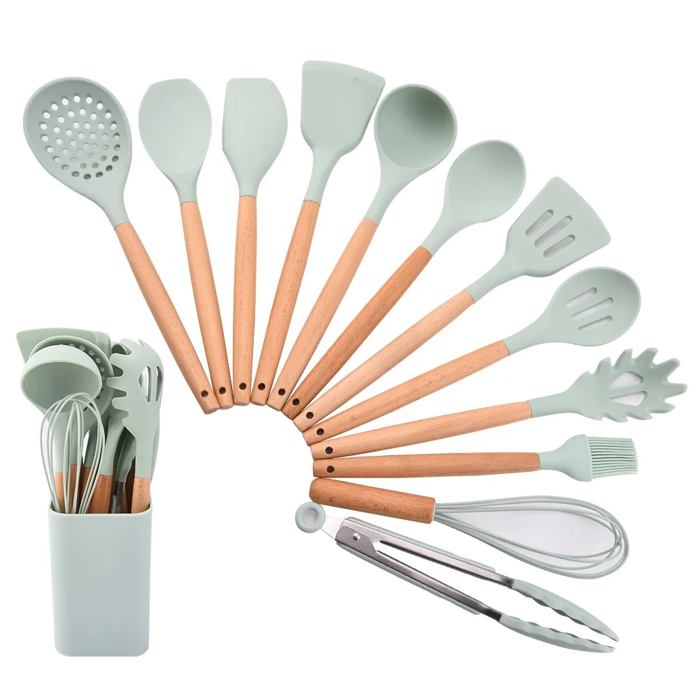 
Top selling high quality 13pcs silicone utensil set with beech wood handle with utensil holder 