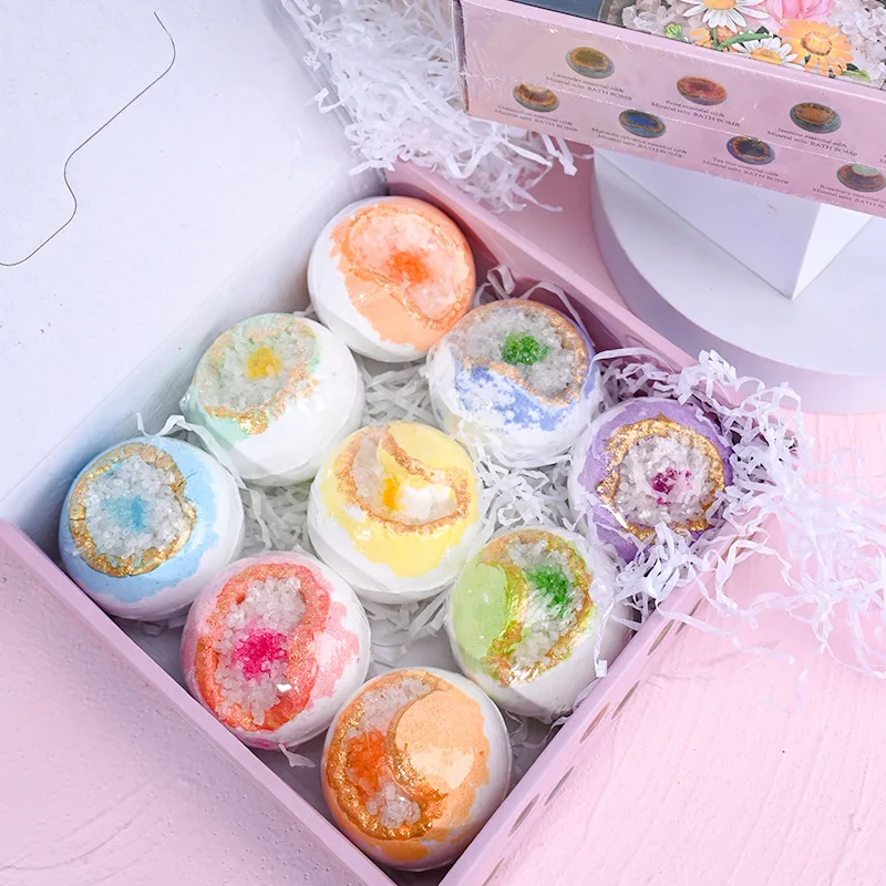 Shiyan 2023 sea salt geode shape bubble bomb 6 of set rich foam quick explosive customized fragrance bath bomb gift