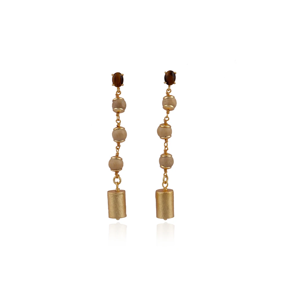 Tiger Eye And Wood Gemstones Stud Earring Oval Shape Stone Prong Setting Stud Earring Gold Plated Jewellery, Mode Joyas, E-1019.