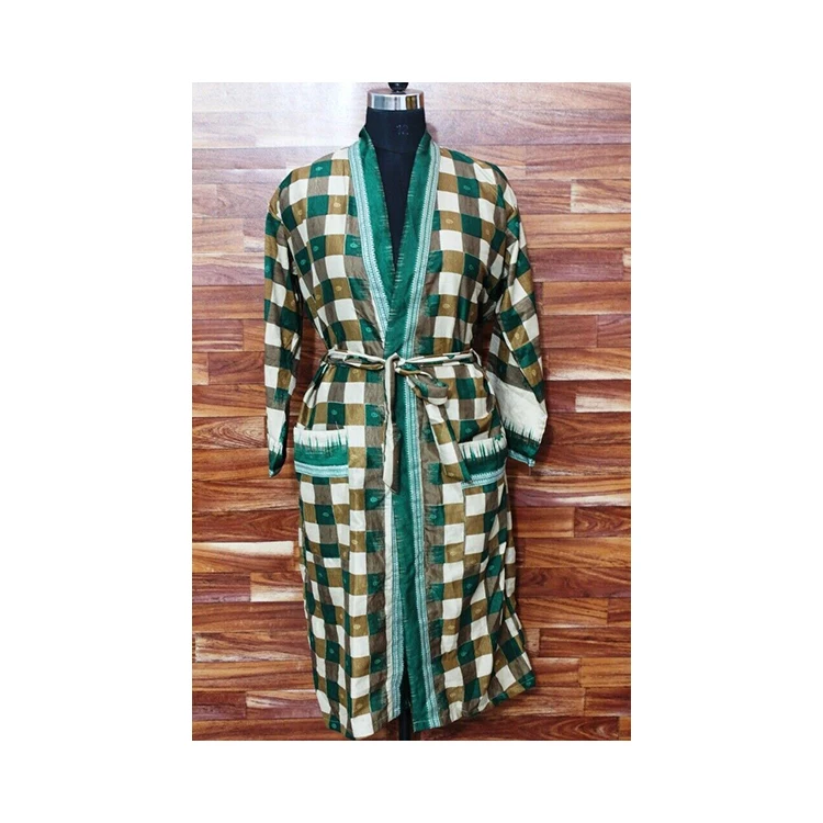 High Quality Silk Sari Kimono Vintage Robe Knee Length Handmade Bohemian Printed Night Wear Gown Maxi Dress Women Kimono Robe