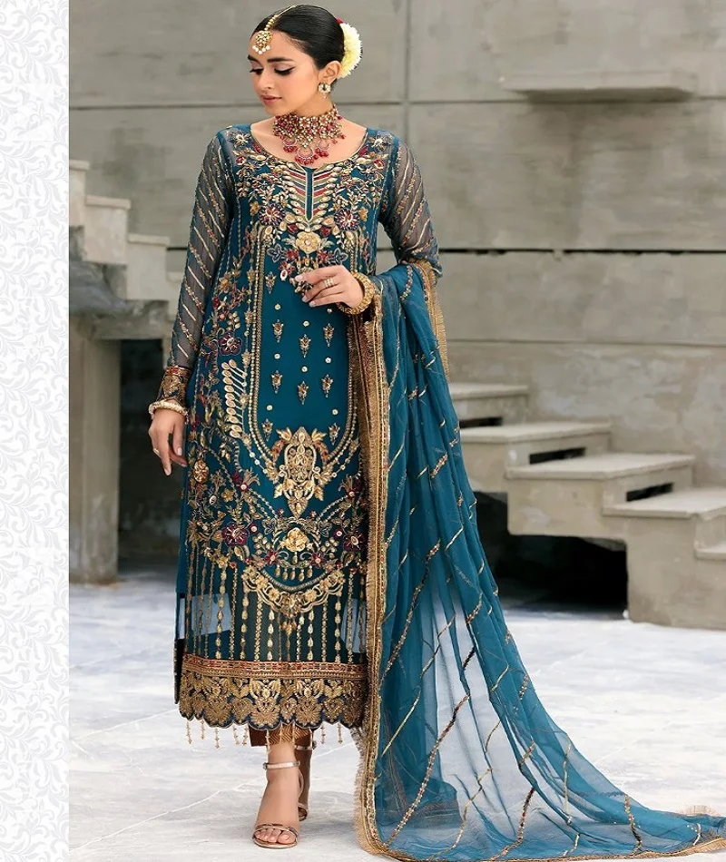 Indian Pakistani Style Pure Georgette with Embroidery Work Salwar Kameez Suit and Designer Chiffon Dupatta for Women Suits Dress
