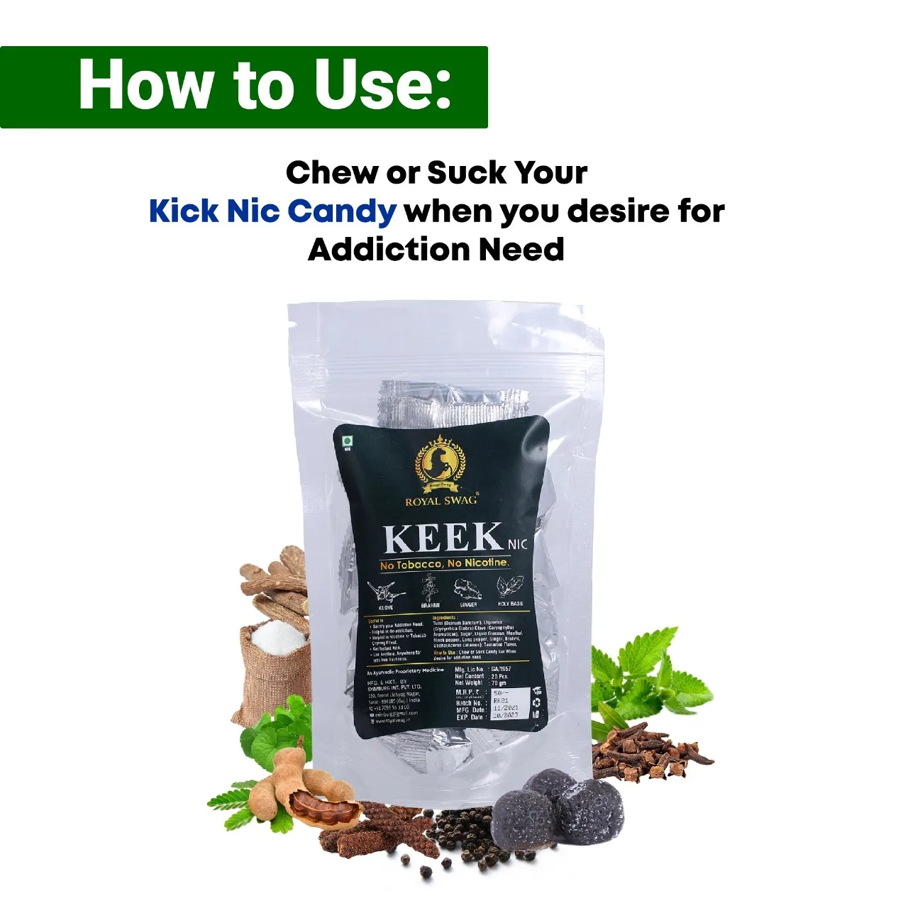 Royal Swag Ayurvedic  Kik Nic Nicotine Free Candy, Helps to Satisfy Nicotine Craving, |Childhood Imli Candy Taste Nicotine Free