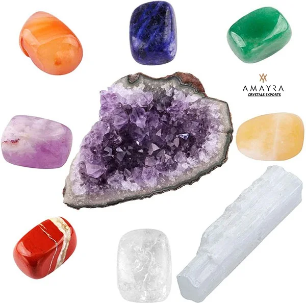 Seven Chakra Healing kit with Amethyst Cluster & Selenite Stick | Chakra Stones for Healing | Buy From Amayra Crystals Exports