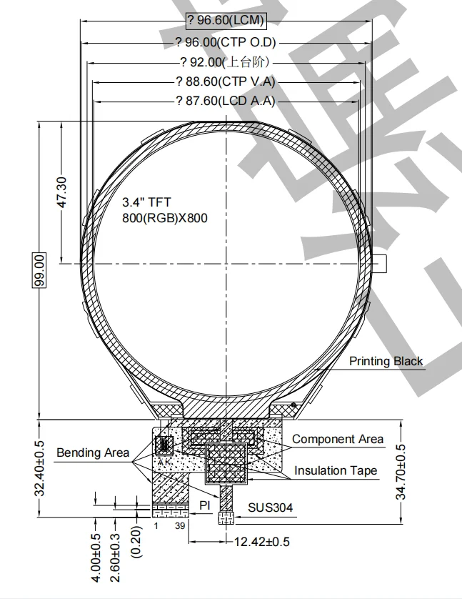 Round 3.4 inch 800*800 LCD display with touch screen 3line MIPI Interface display ips tft lcd screen