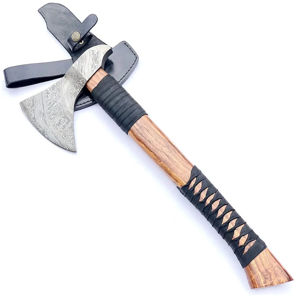 
Custom Handmade Damascus Steel Viking Style Axe Camping Axe High Quality Tactical Axe Hatches With leather sheath 