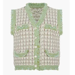 Multiple Colors Knitted Tweet Vest with Faux Pockets and Fringe Trim  in cheap price