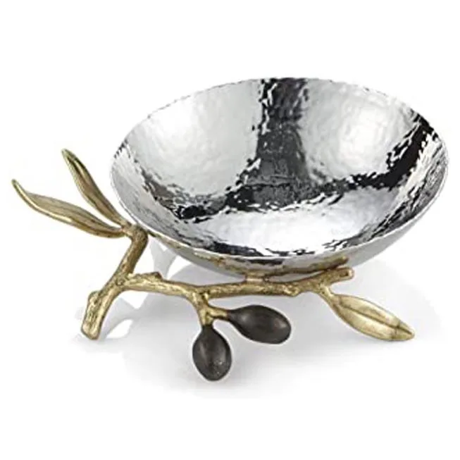 new style decorative metal leaf shaped hammered serving bowl with golden base stand salad food snack fruit serve bowl