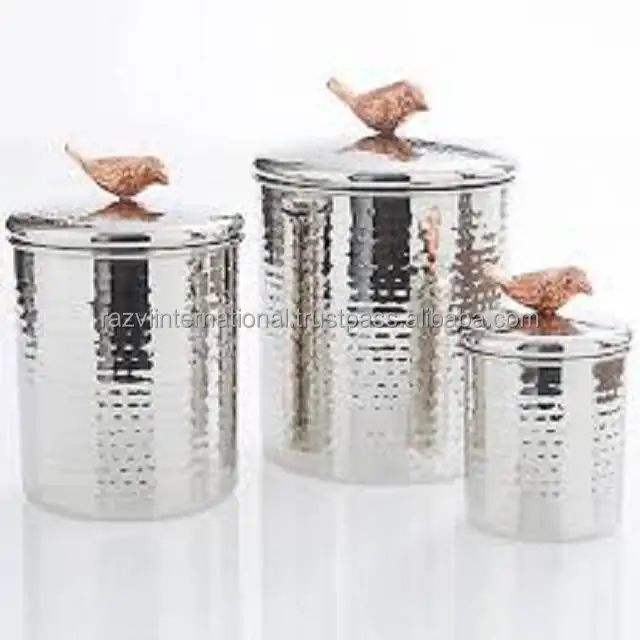Set of 3 Nickle Plated Handmade Hammered Design Bird Sitting on Lid Wax Candle Jar